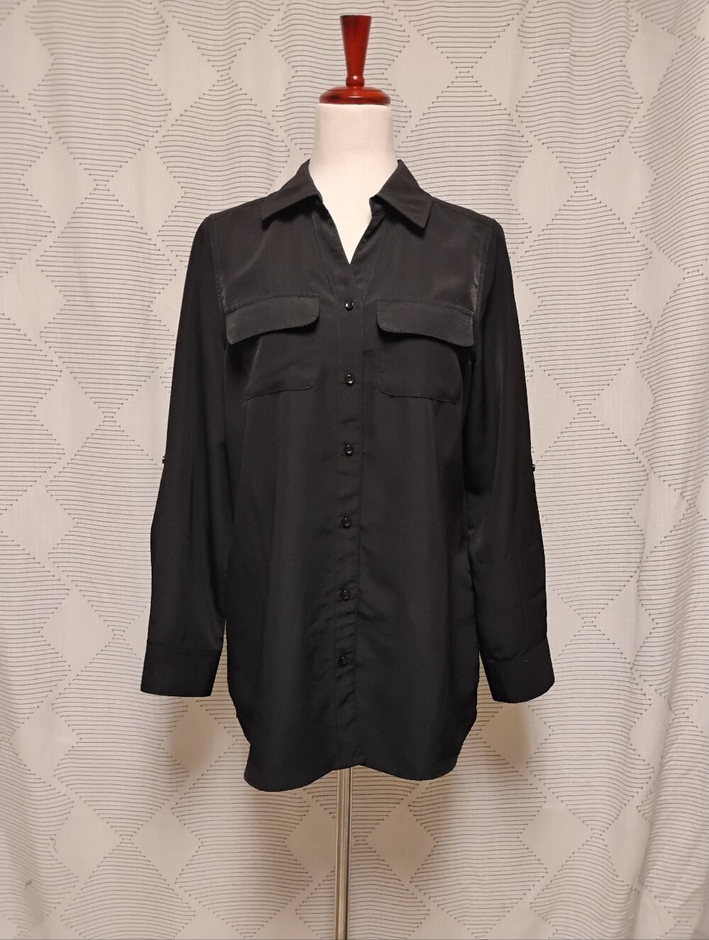 Denim & Co Roll Tab Sleeve Button Front Soft Utility Tunic Women's XS Minimalist